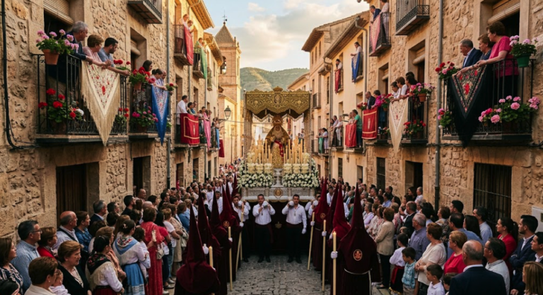 Vecinos y devotos recibiendo la procesión de la Virgen de la Fuensanta en un municipio de la Región de Murcia durante su viaje jubilar.