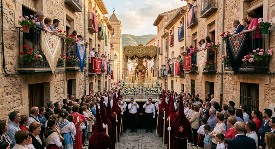 Vecinos y devotos recibiendo la procesión de la Virgen de la Fuensanta en un municipio de la Región de Murcia durante su viaje jubilar.